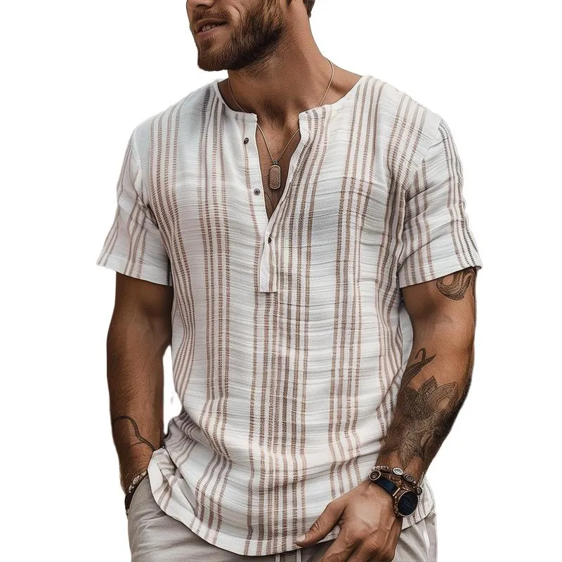 Men's Striped Henley Collar Short Sleeve Shirt 85024363Z sold by Manly