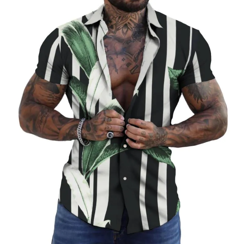 Men's Retro Casual Vertical Striped Lapel Short-sleeved Shirt 23133582TO sold by Manly