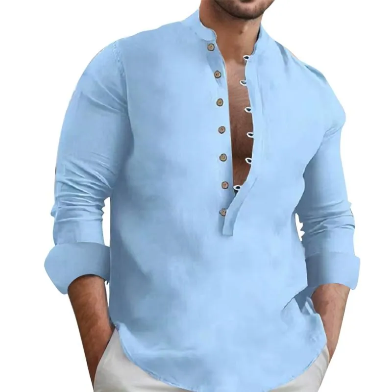 Men's Casual Solid Color Stand Collar Long Sleeve Shirt 24131951Y sold by Manly