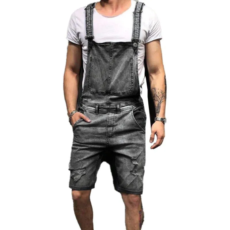Men's Suspenders Ripped Denim Shorts Jumpsuits 81193581X sold by Manly