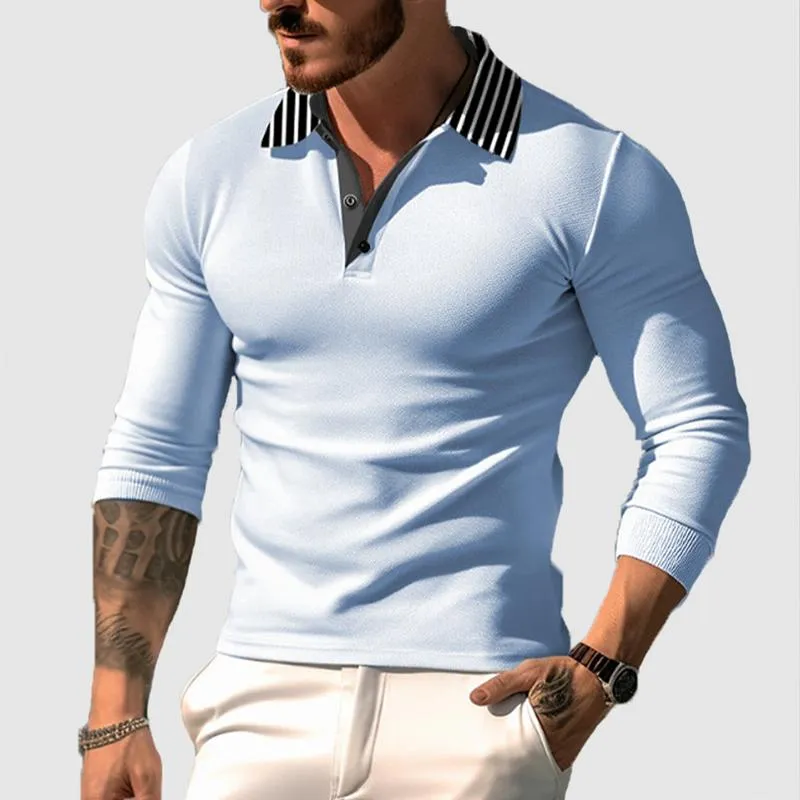 Men's Striped Stitching Lapel Long Sleeve Polo Shirt 85421498Z sold by Manly product image thumbnail 5