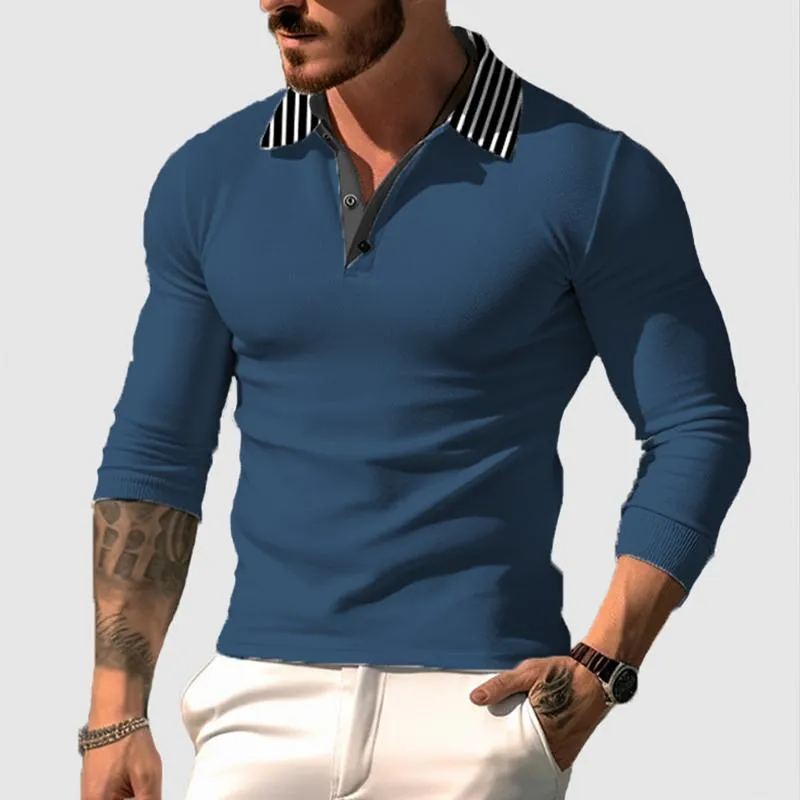 Men's Striped Stitching Lapel Long Sleeve Polo Shirt 85421498Z sold by Manly product image thumbnail 4