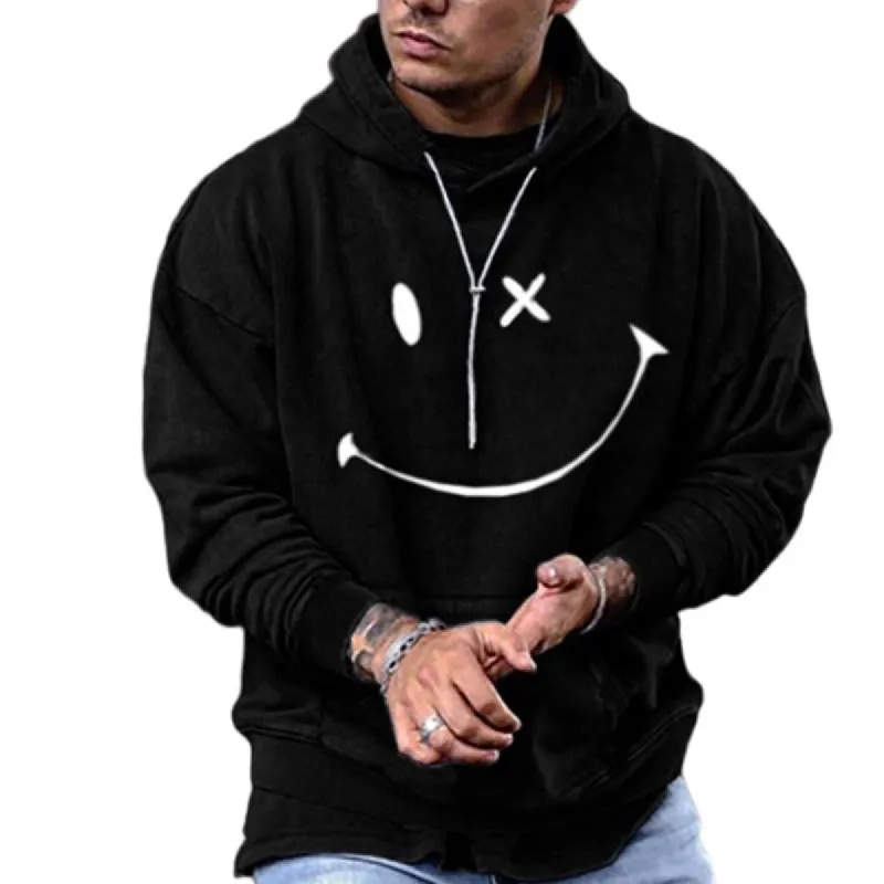 Men's Vintage Loose Smile Print Long Sleeve Hoodie 81138722Y sold by Manly