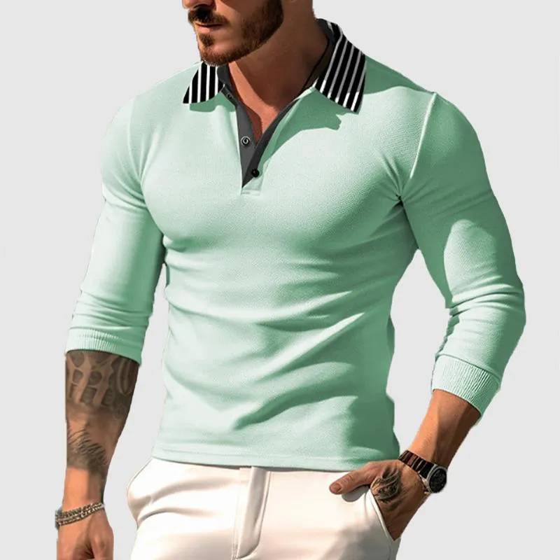 Men's Striped Stitching Lapel Long Sleeve Polo Shirt 85421498Z sold by Manly product image thumbnail 3