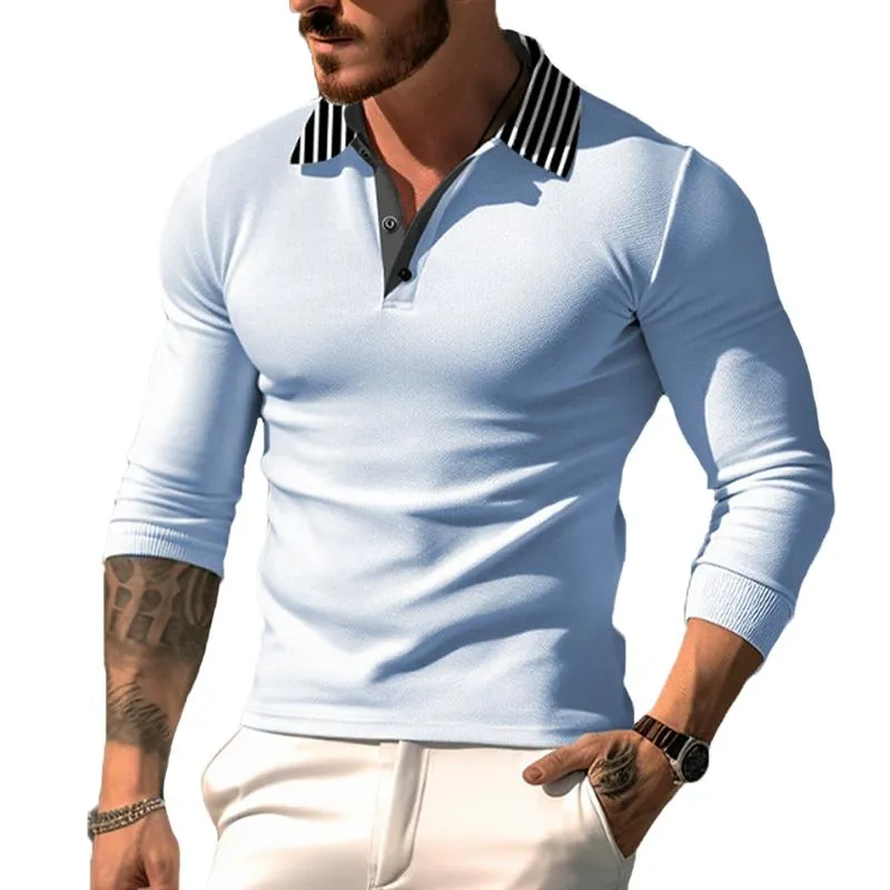 Men's Striped Stitching Lapel Long Sleeve Polo Shirt 85421498Z sold by Manly