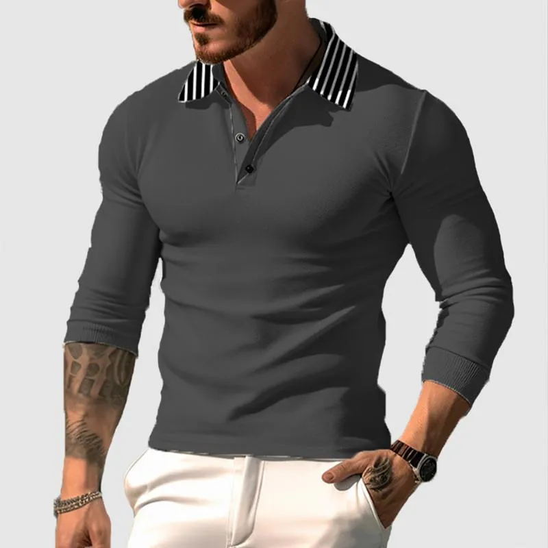 Men's Striped Stitching Lapel Long Sleeve Polo Shirt 85421498Z sold by Manly product image thumbnail 2