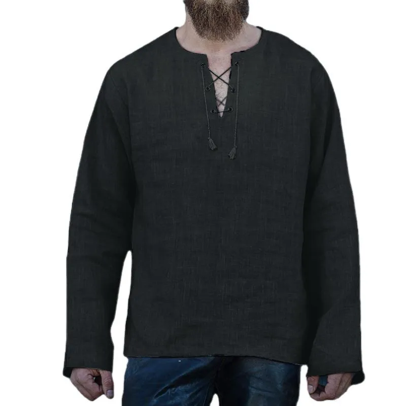 Men's Casual Retro V-neck Cotton and Linen Long Sleeve Shirt 98539147TO sold by Manly