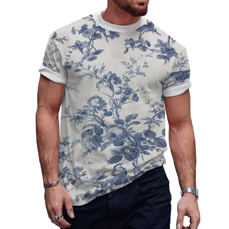 Men's Retro Floral Round Neck Short Sleeve T-Shirt 08079626TO sold by Manly