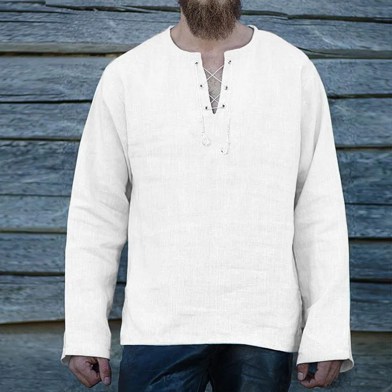 Men's Casual Retro V-neck Cotton and Linen Long Sleeve Shirt 98539147TO sold by Manly product image thumbnail 5