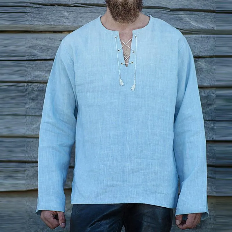 Men's Casual Retro V-neck Cotton and Linen Long Sleeve Shirt 98539147TO sold by Manly product image thumbnail 2