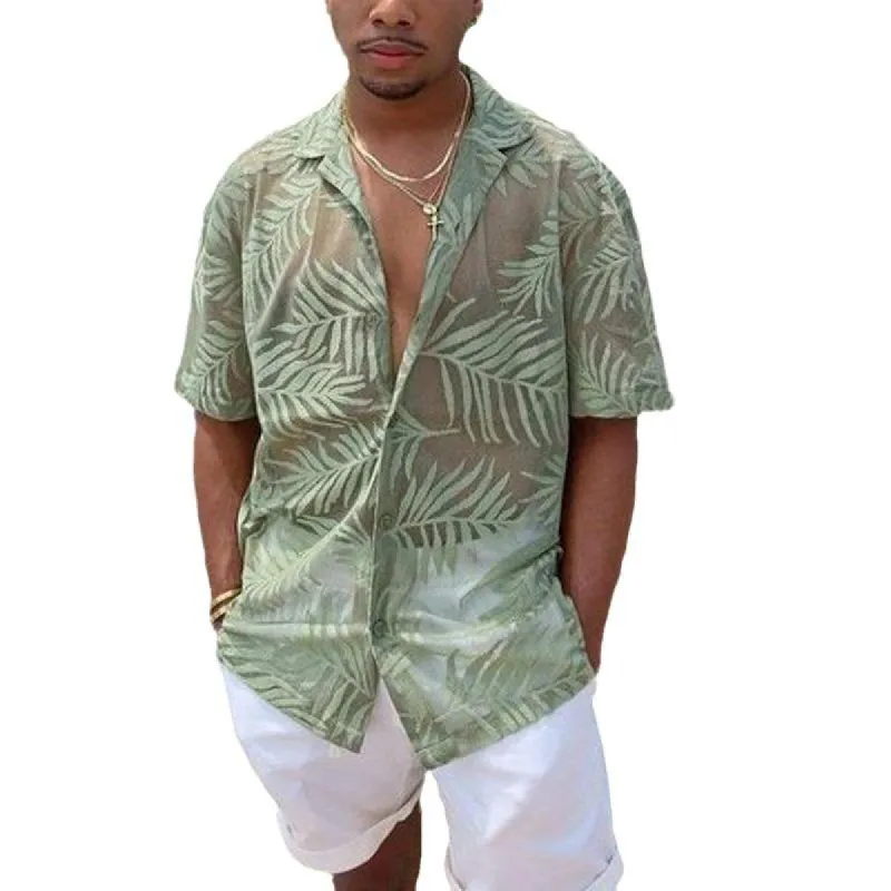 Men's Vintage Leaf Print Hollow Short Sleeve Shirt 02457659Y sold by Manly