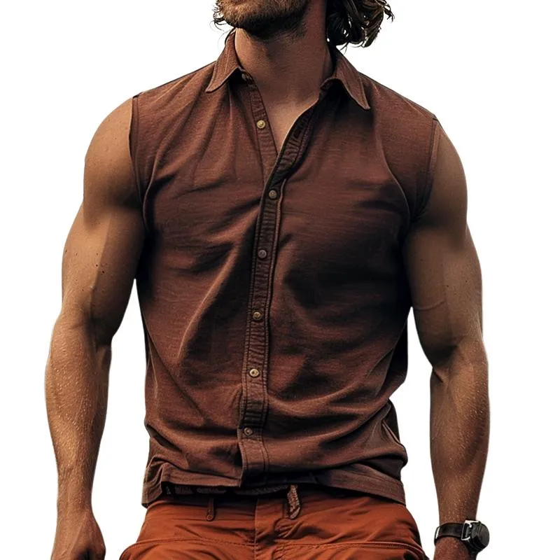 Men's Casual Vintage Lapel Sleeveless Shirt 09496997TO sold by Manly