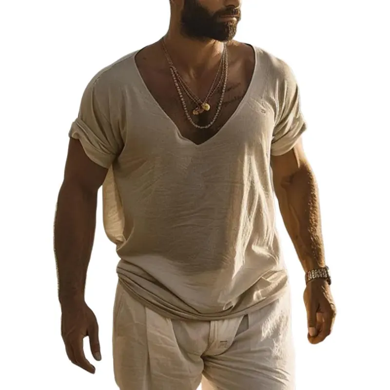 Men's Solid Color V-Neck Thin Short-Sleeved T-Shirt 23705413Y sold by Manly