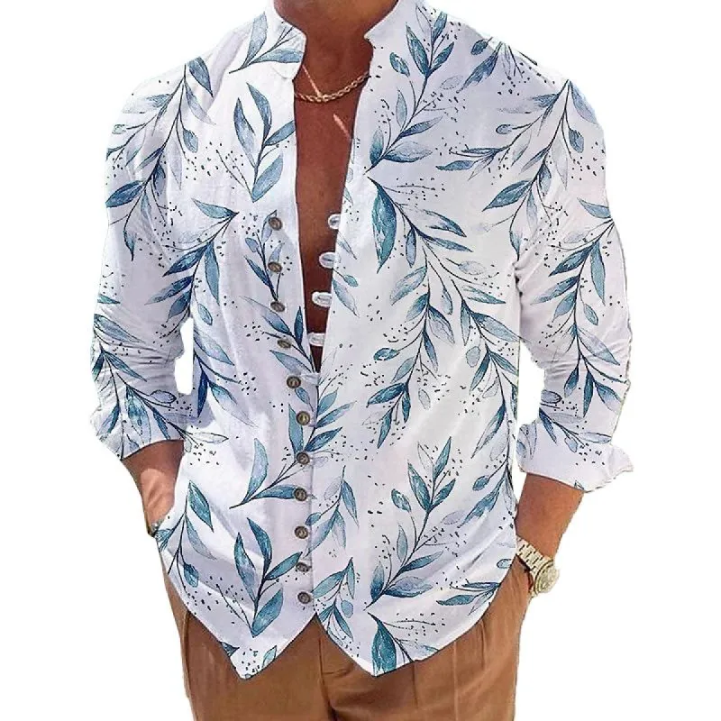 Men's Casual Stand Collar Leaf Printed Button Long Sleeve Shirt 00671878M sold by Manly