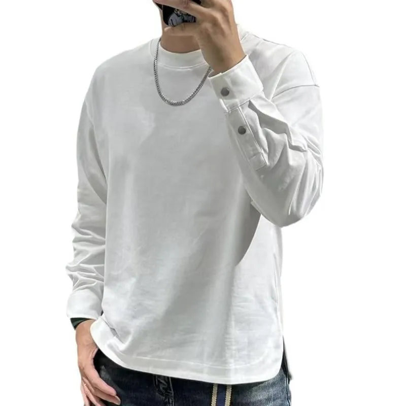 Men's Solid Color Hem Slit Round Neck Long Sleeve Loose T-Shirt 23258362X sold by Manly