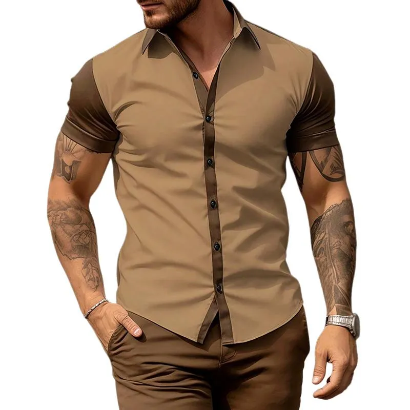 Men's Retro Color Block Lapel Short Sleeve Shirt 11124231TO sold by Manly