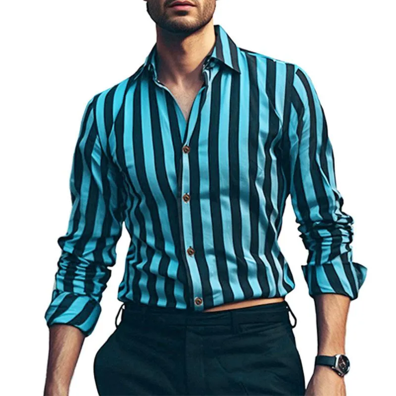 Men's Casual Striped Printed Lapel Long Sleeve Shirt 01210322M sold by Manly