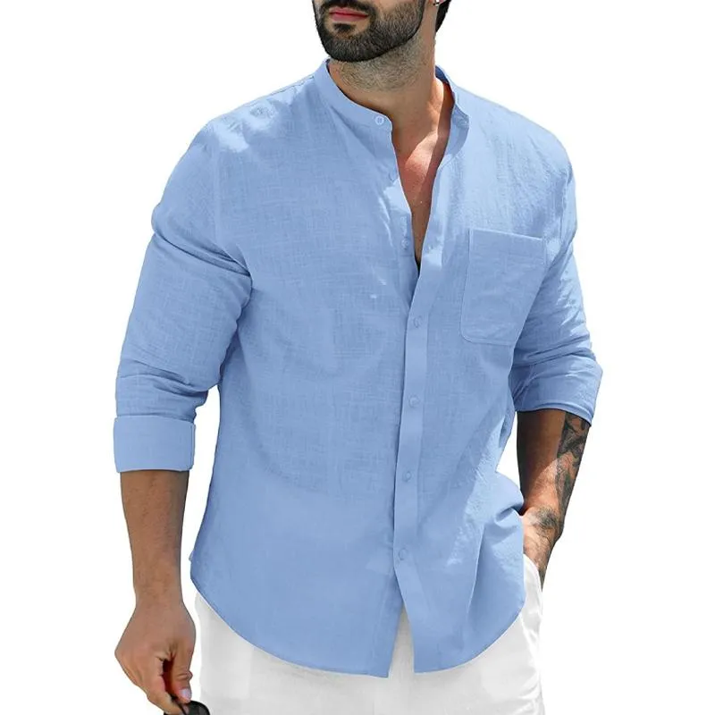 Men's Casual Linen Solid Color Stand Collar Breast Pocket Long Sleeve Shirt 45246800Y sold by Manly