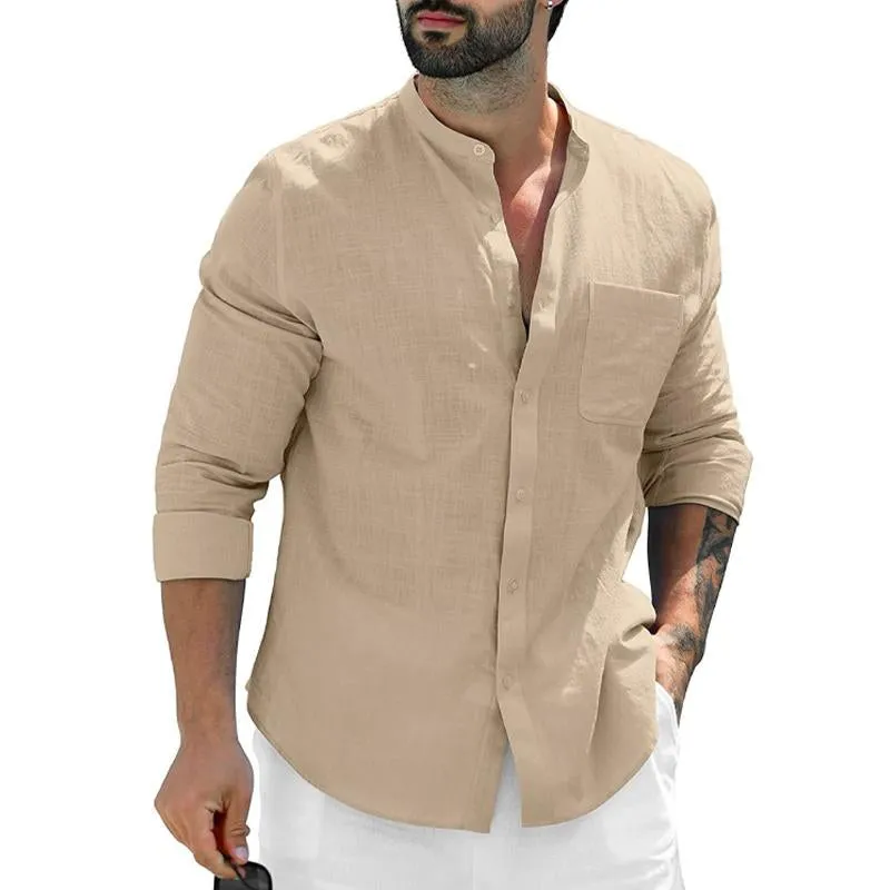 Men's Casual Linen Solid Color Stand Collar Breast Pocket Long Sleeve Shirt 45246800Y sold by Manly product image thumbnail 4