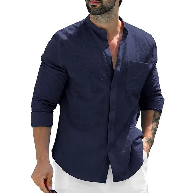 Men's Casual Linen Solid Color Stand Collar Breast Pocket Long Sleeve Shirt 45246800Y sold by Manly product image thumbnail 3