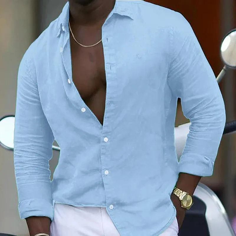 Men's Casual Cotton Linen Solid Color Lapel Long Sleeve Shirt 37815754M sold by Manly product image thumbnail 2