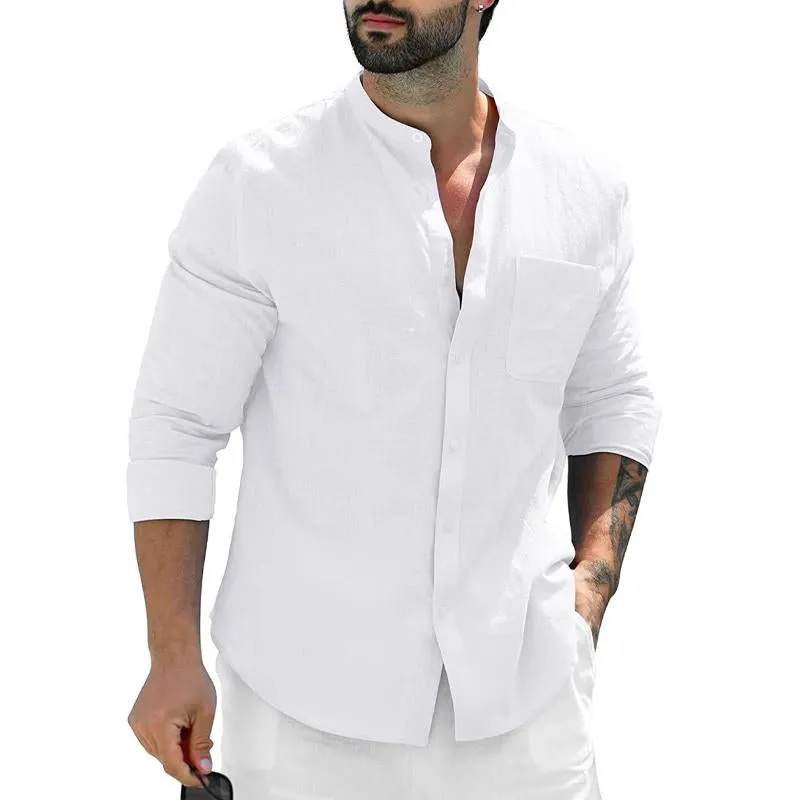 Men's Casual Linen Solid Color Stand Collar Breast Pocket Long Sleeve Shirt 45246800Y sold by Manly product image thumbnail 2