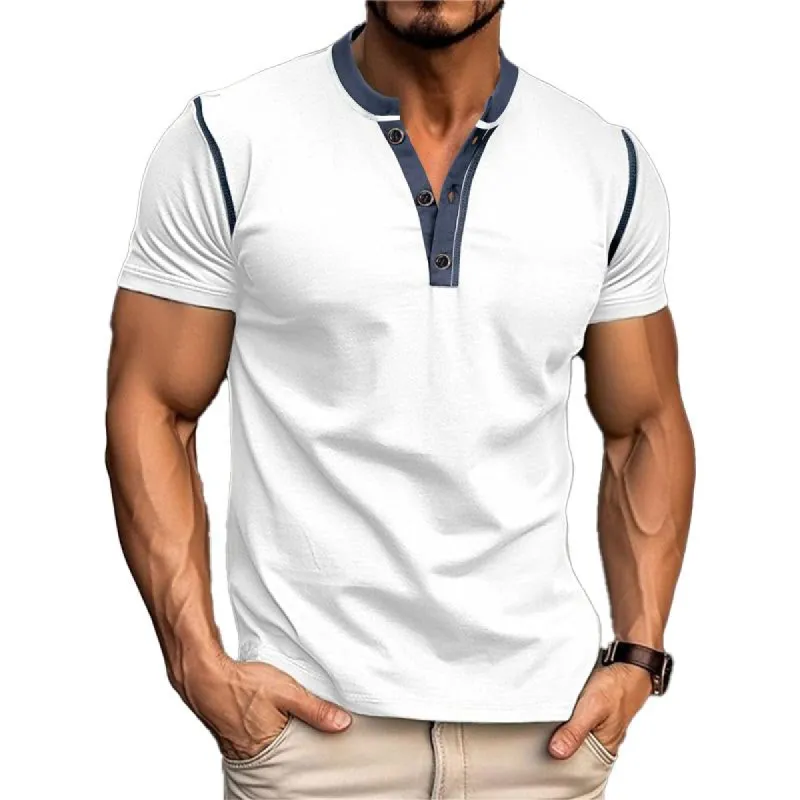 Men's Casual Color Block Henley Collar Short Sleeve T-Shirt 15527838Y sold by Manly