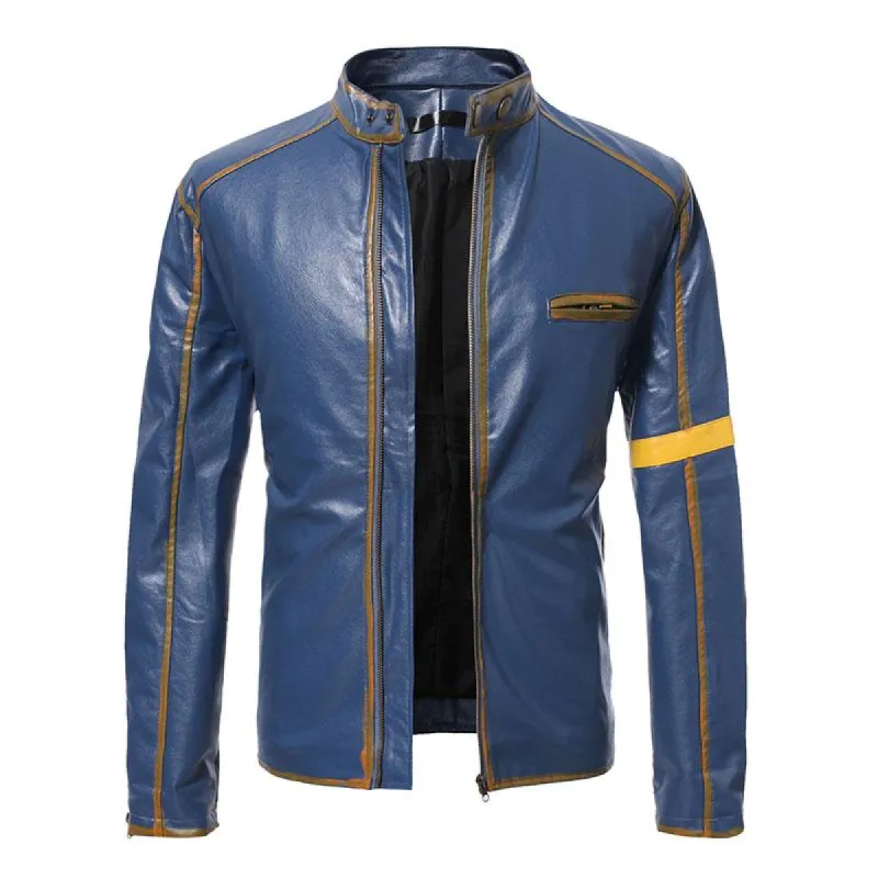 Men's Vintage Distressed Stand Collar Contrast Color Motorcycle Leather Jacket 10108770M sold by Manly