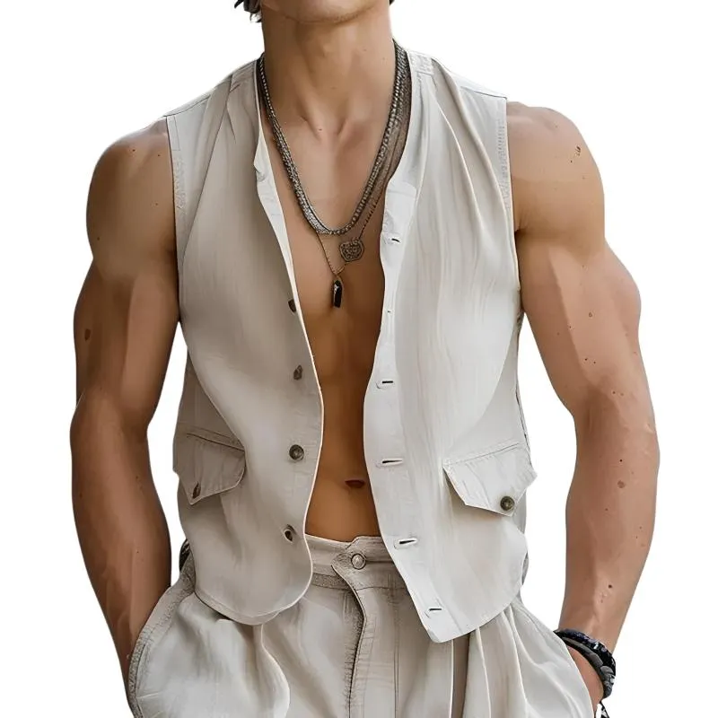 Men's Cotton And Linen Collarless Single-Breasted Vest 96370160Y sold by Manly
