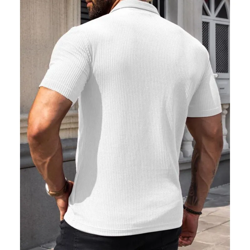 Men's Solid Color Vertical Striped Lapel Short-Sleeved Polo Shirt 60190992Y sold by Manly product image thumbnail 5
