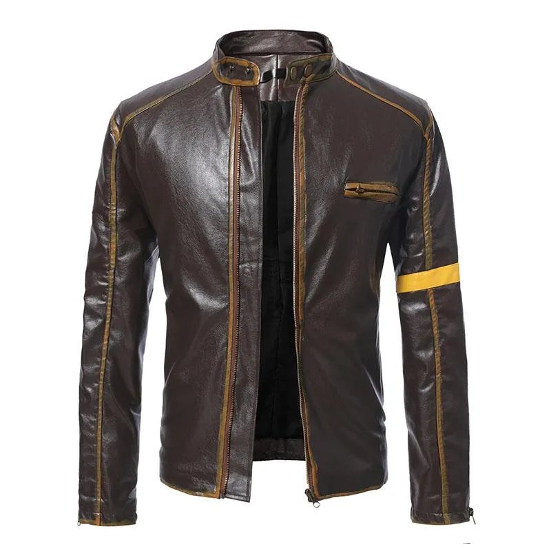 Men's Vintage Distressed Stand Collar Contrast Color Motorcycle Leather Jacket 10108770M sold by Manly product image thumbnail 2