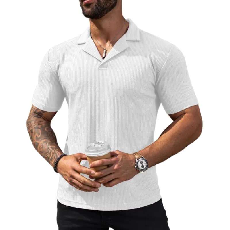 Men's Solid Color Vertical Striped Lapel Short-Sleeved Polo Shirt 60190992Y sold by Manly