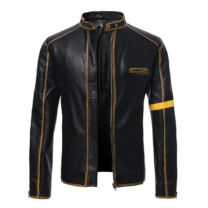 Men's Vintage Distressed Stand Collar Contrast Color Motorcycle Leather Jacket 10108770M sold by Manly product image thumbnail 3