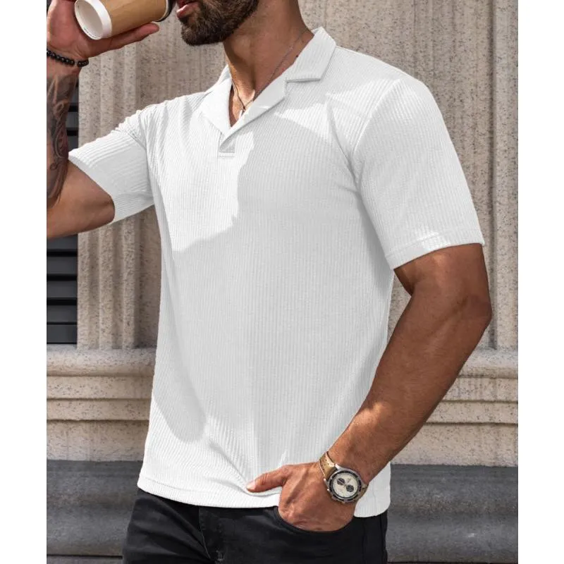Men's Solid Color Vertical Striped Lapel Short-Sleeved Polo Shirt 60190992Y sold by Manly product image thumbnail 4