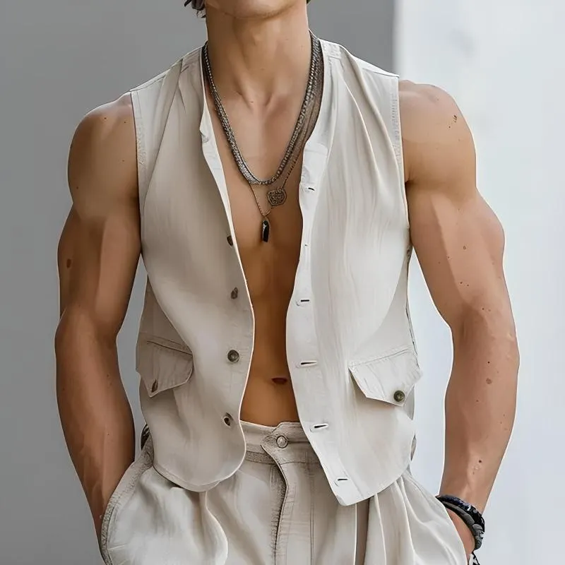 Men's Cotton And Linen Collarless Single-Breasted Vest 96370160Y sold by Manly product image thumbnail 3