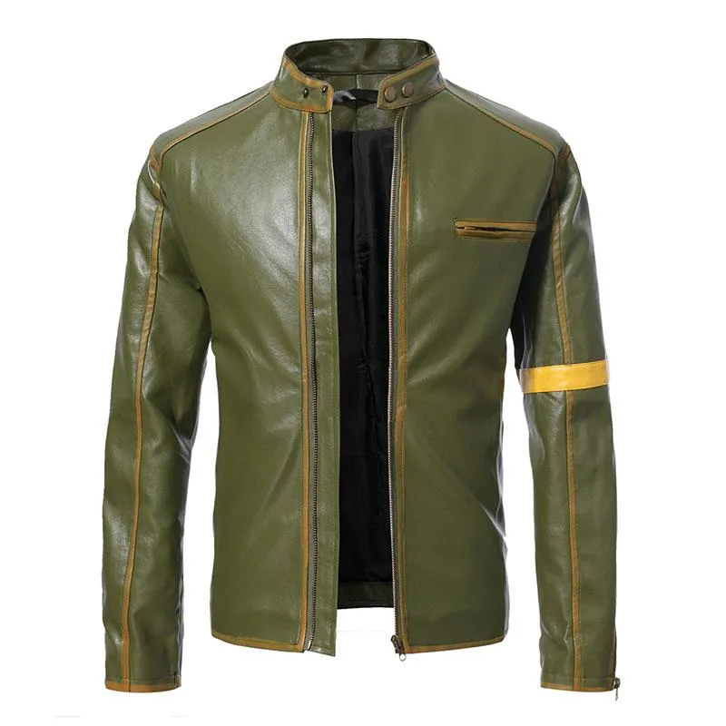 Men's Vintage Distressed Stand Collar Contrast Color Motorcycle Leather Jacket 10108770M sold by Manly product image thumbnail 4