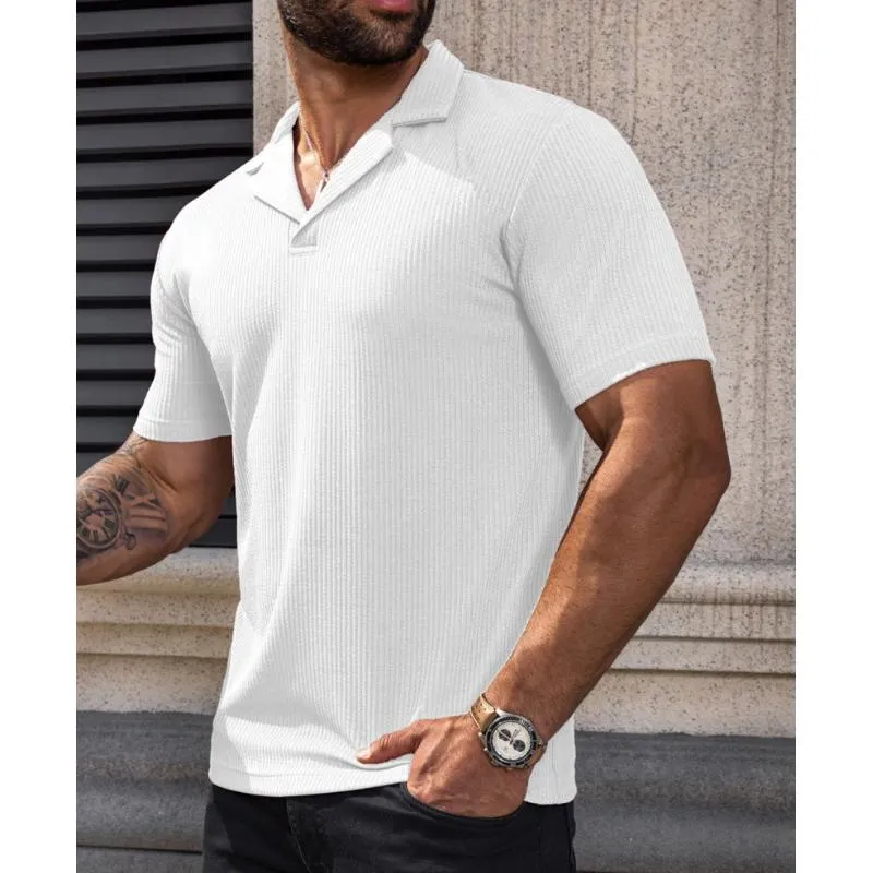 Men's Solid Color Vertical Striped Lapel Short-Sleeved Polo Shirt 60190992Y sold by Manly product image thumbnail 3