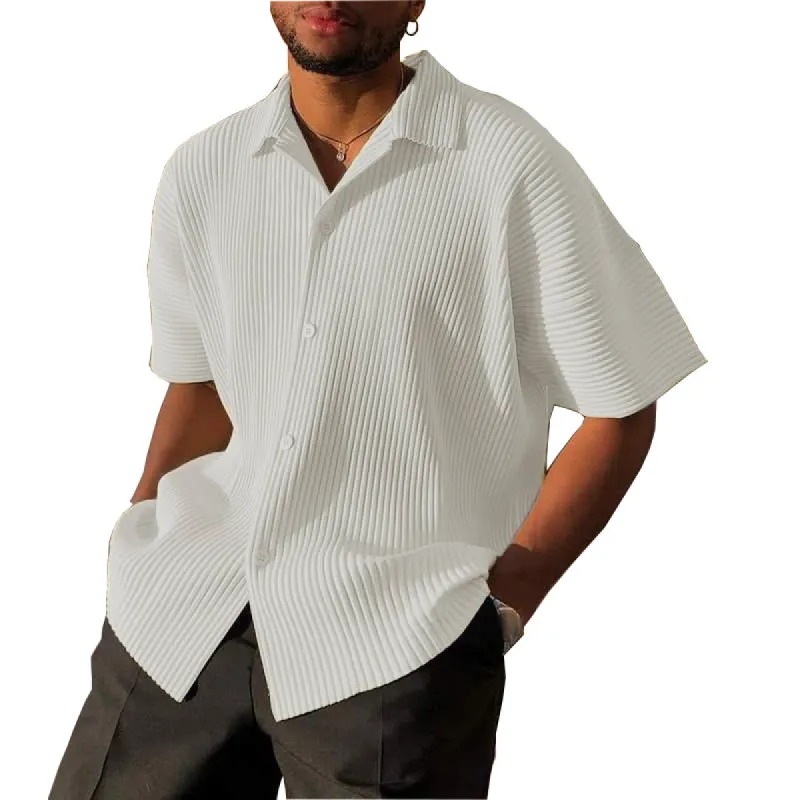 Men's Solid Striped Loose Lapel Short Sleeve Shirt 66620185Z sold by Manly