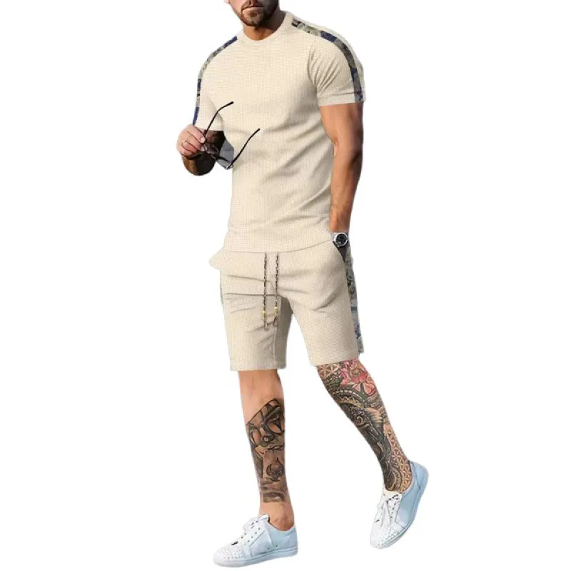 Men's Casual Patchwork Round Neck Slim Short-sleeved T-shirt Sports Shorts Set 77295733M sold by Manly