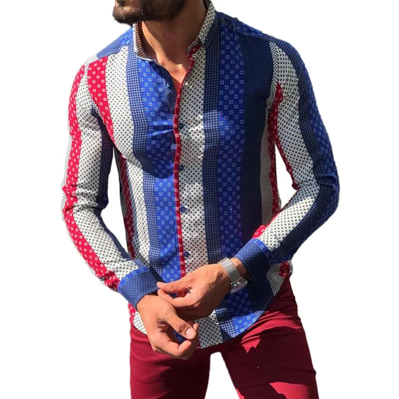 Men's Geometric Colorblock Lapel Long Sleeve Shirt 39524705Z sold by Manly