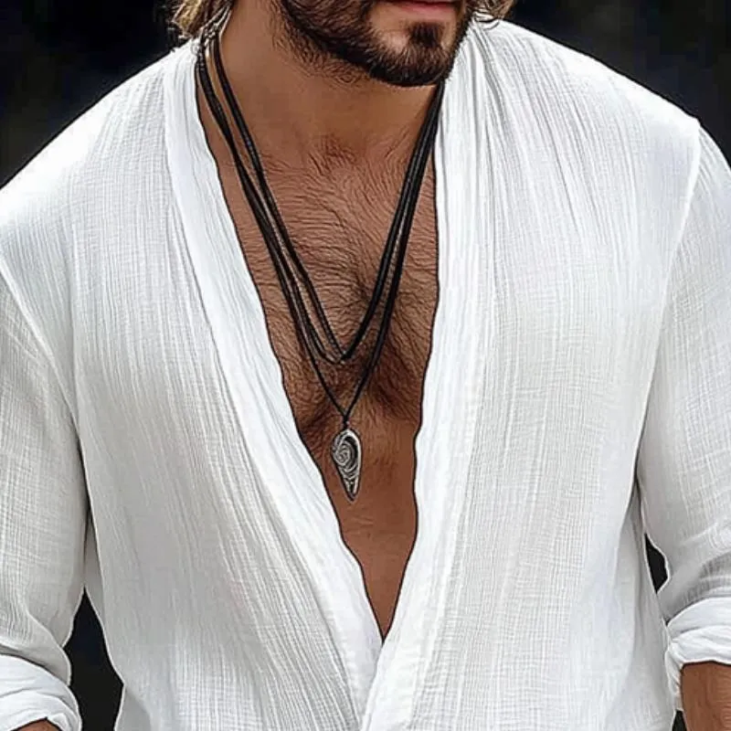 Men's Retro Casual Solid Color Cotton and Linen Collarless Long Sleeve Shirt 94015400TO sold by Manly product image thumbnail 3