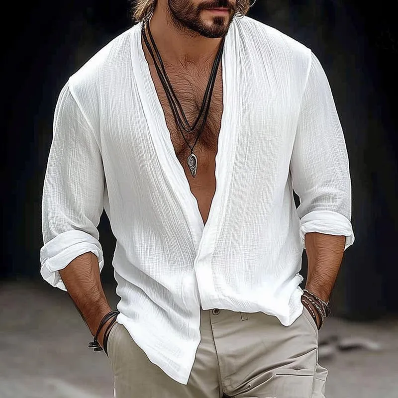 Men's Retro Casual Solid Color Cotton and Linen Collarless Long Sleeve Shirt 94015400TO sold by Manly product image thumbnail 2