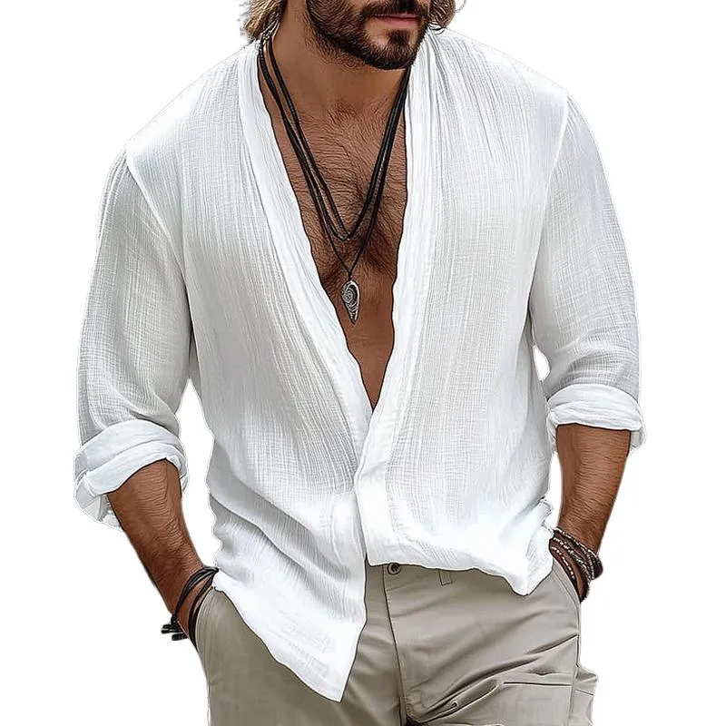 Men's Retro Casual Solid Color Cotton and Linen Collarless Long Sleeve Shirt 94015400TO sold by Manly