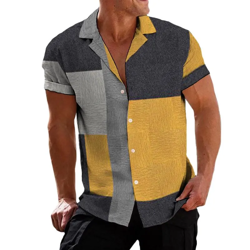 Men's Retro Color Block Geometric Lapel Short Sleeve Shirt 83428244TO sold by Manly