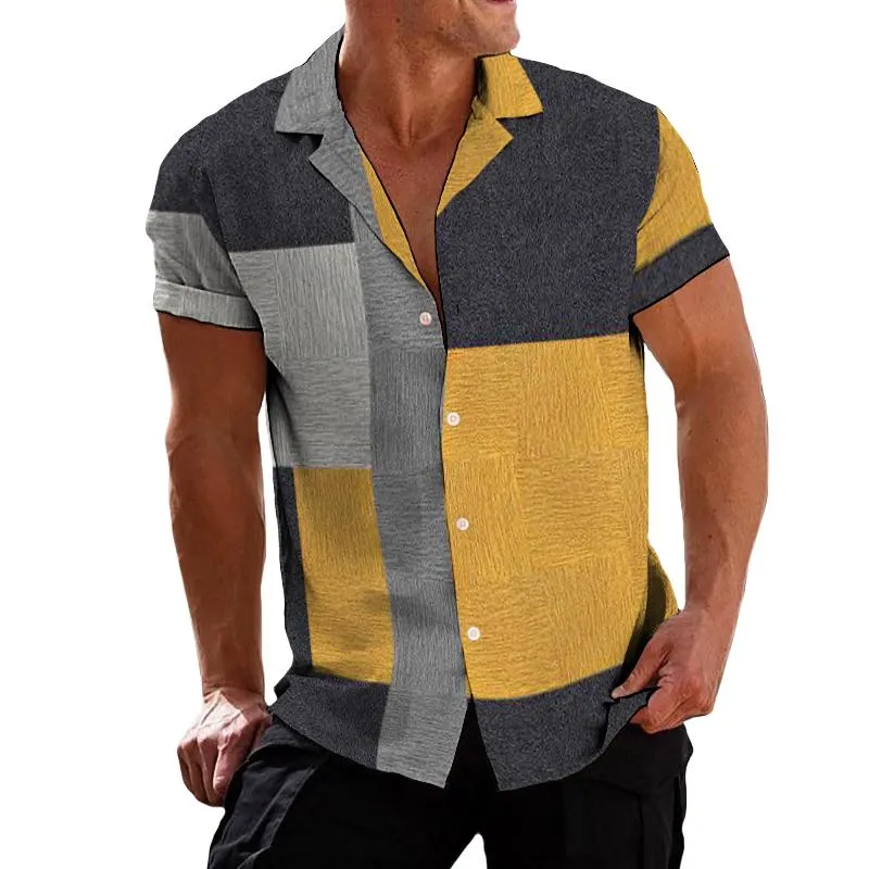 Men's Retro Color Block Geometric Lapel Short Sleeve Shirt 83428244TO sold by Manly
