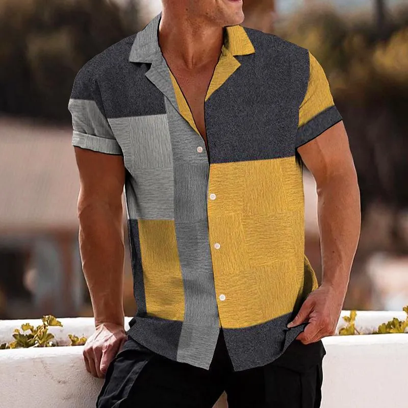 Men's Retro Color Block Geometric Lapel Short Sleeve Shirt 83428244TO sold by Manly product image thumbnail 2