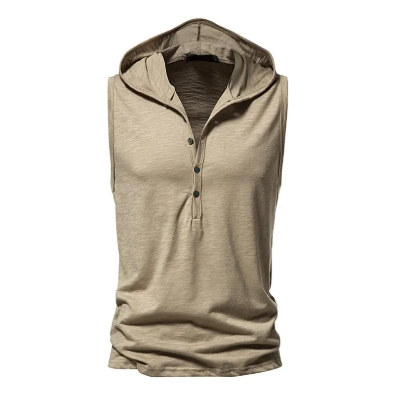 Men's Solid Hooded Henley Collar Sleeveless Cotton Tank Top 52780770Z sold by Manly
