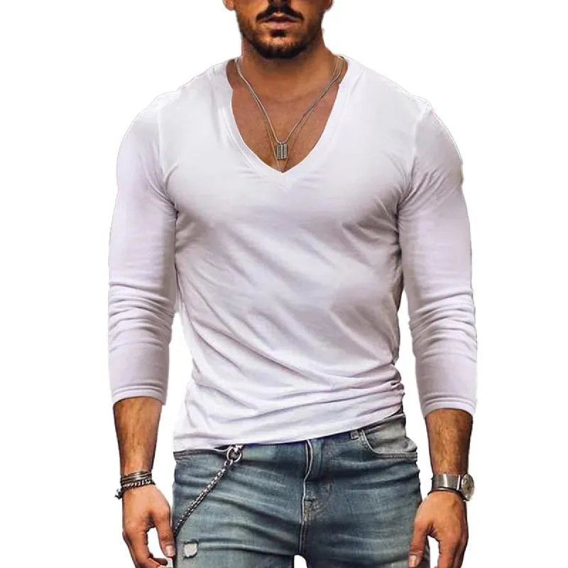 Men's Casual Solid Color V-Neck Long Sleeve T-Shirt 34397224Y sold by Manly