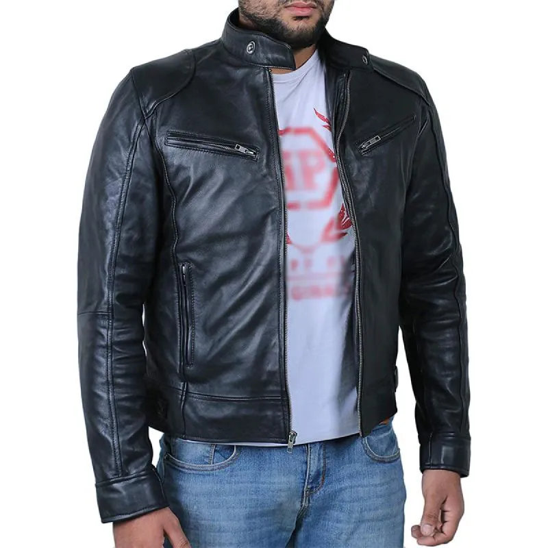 Men's Vintage Stand Collar Zipper Pocket Slim Leather Jacket 19024793M sold by Manly