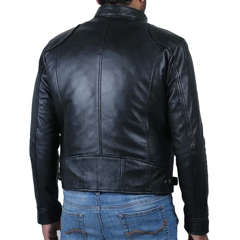 Men's Vintage Stand Collar Zipper Pocket Slim Leather Jacket 19024793M sold by Manly product image thumbnail 2